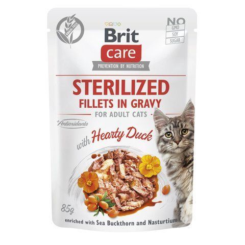 Корм вологий Brit Care Fillets in Gravy Hearty Duck Sterilized д/стерилізованих котів філе в соусі з качкою 85 г S101043 фото