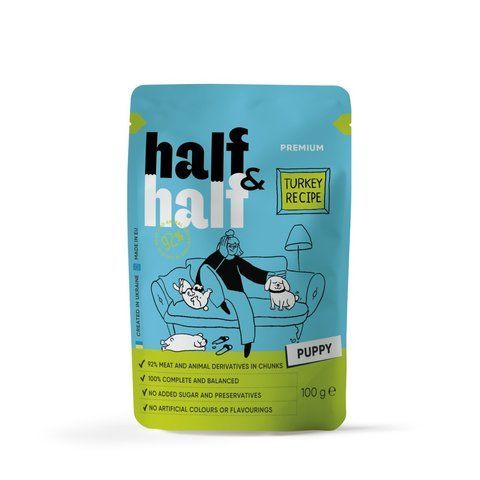 Корм вологий Half and Half, Turkey in Gravy for Puppy, шматочки індички в соусі для цуценят, 100 г S21212 фото