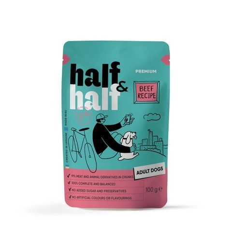 Корм вологий Half and Half, Beef in Gravy for Adult Dogs, шматочки яловичини в соусі для дорослих собак, 100 г S21267 фото