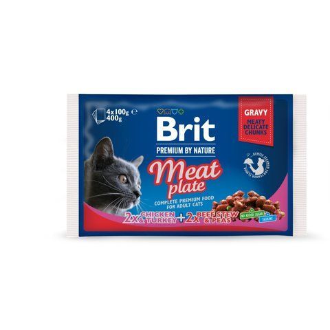 Корм вологий Brit Premium Cat Meat Plate pouches набір для котів м_ясна тарілка курка та індичка з тушкованою яловичиною та горохом 4 шт х 100 г S100277 /506262 фото
