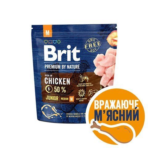 Корм сухий Brit Premium Dog Junior M для цуценят та молодих собак середніх порід від 1 до 12 місяців вагою 10-25 кг з куркою 1 кг S170812/6314 фото