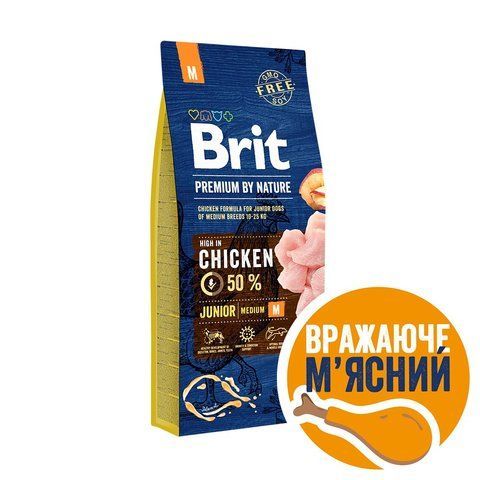 Корм сухий Brit Premium Dog Junior M для цуценят та молодих собак середніх порід від 1 до 12 місяців вагою 10-25 кг з куркою 15 кг S170814/6338 фото