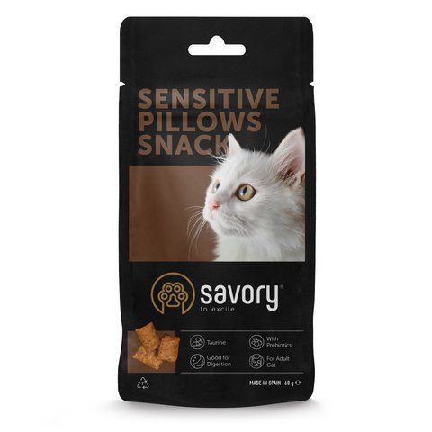 Хрумкі ласощі Savory Cats Snacks Pillows Sensitive для дорослих котів з чутливим травленням, 60 г S21328 фото