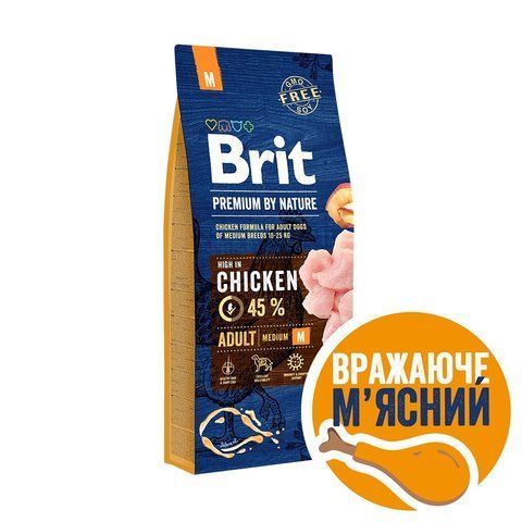 Корм сухий Brit Premium Dog Adult M для дорослих собак середніх порід вагою 10-25 кг з куркою 15 кг S170818/6376 фото