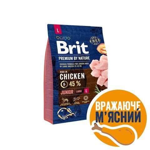 Корм сухий Brit Premium Dog Junior L для цуценят та молодих собак великих порід від 1 до 24 місяців вагою 25-45 кг з куркою 3 кг S170823/6420 фото