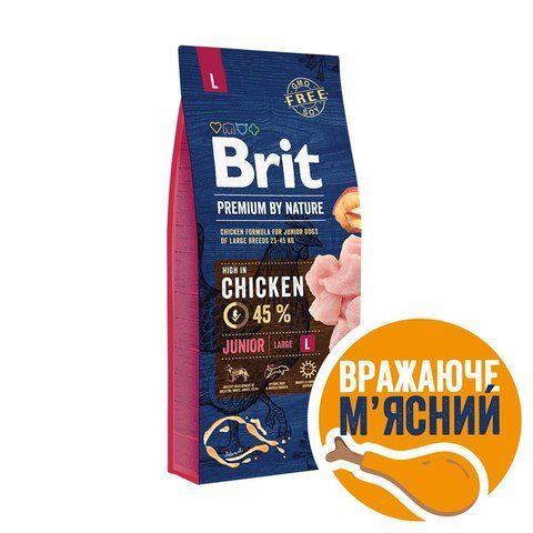Корм сухий Brit Premium Dog Junior L для цуценят та молодих собак великих порід від 1 до 24 місяців вагою 25-45 кг з куркою 15 кг S170824/6437 фото