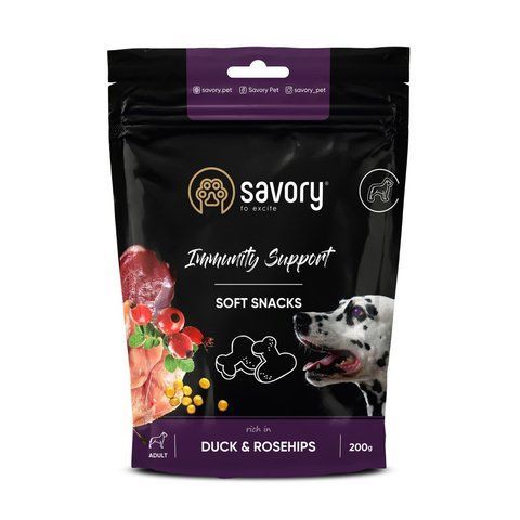 М&rsquo;які ласощі Savory Immunity Duck and Rosehip для дорослих собак усіх порід для зміцнення імунітету з качкою та шипшиною 200 г S31331 Savory фото